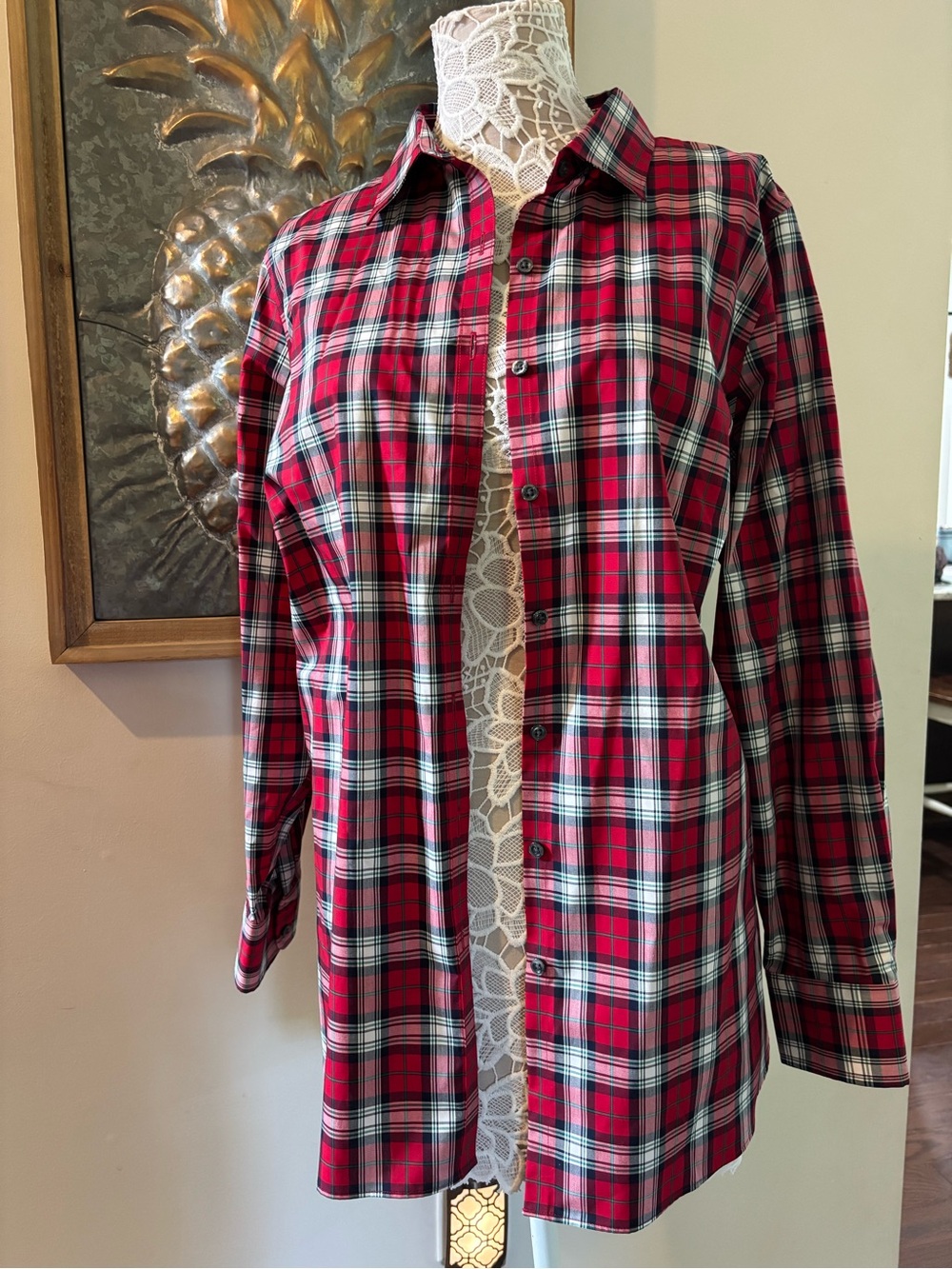 Lands End No Iron Red Tartan Blouse